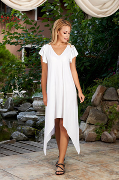 StarShinerS white dress daily asymmetrical midi flared with v-neckline with ruffled sleeves