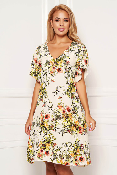 Rochie StarShinerS crem scurta de zi cu croi in a cu imprimeu floral si maneci tip fluture