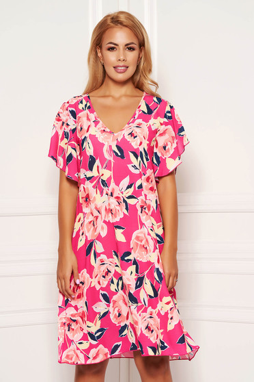 Rochie StarShinerS roz scurta de zi cu croi in a cu imprimeu floral si maneci tip fluture