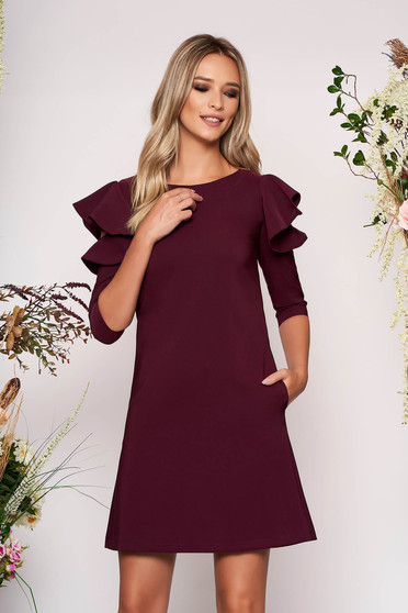 Rochie LaDonna zmeura eleganta de zi din stofa usor elastica cu croi in a si volanase la maneca