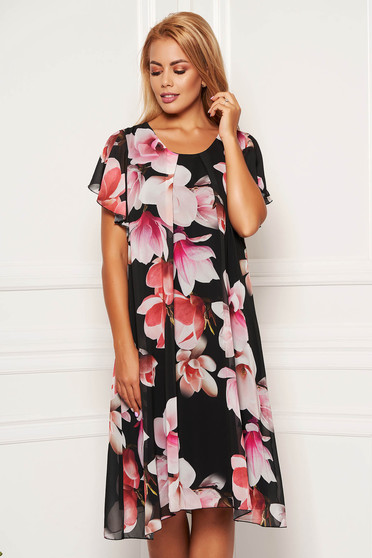 Rochie gri-inchis midi de zi din voal cu decolteu rotunjit cu maneci tip fluture si imprimeu floral