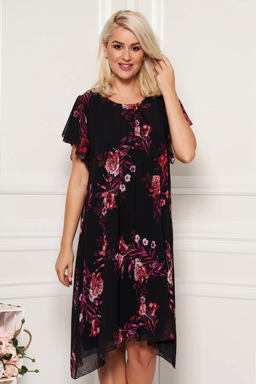Rochie neagra midi de zi din voal cu decolteu rotunjit cu maneci tip fluture si imprimeu floral