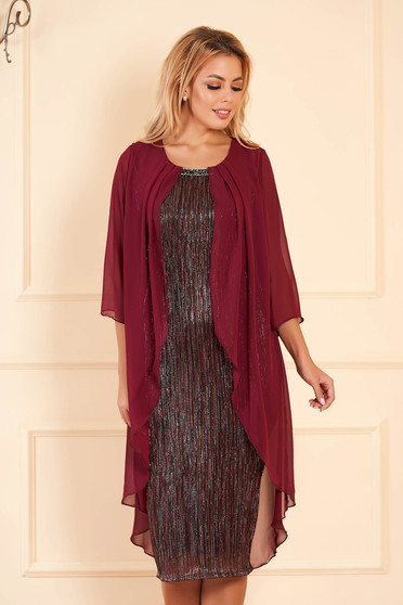 Rochie visinie eleganta de ocazie midi tip creion cu maneci scurte cu maneci din voal suprapunere cu voal
