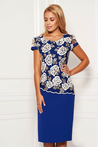 Rochie albastra midi eleganta tip creion cu maneci scurte si suprapunere cu dantela