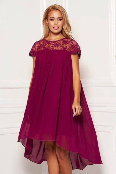 Rochie PrettyGirl mov eleganta scurta si asimetrica din voal cu croi larg cu maneci scurte si decolteu la baza gatului