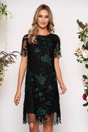 Rochie verde-inchis midi eleganta de ocazie cu un croi drept din dantela captusita pe interior