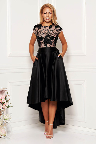 Rochie neagra midi de ocazie in clos din dantela si satin fara maneci cu cordon detasabil
