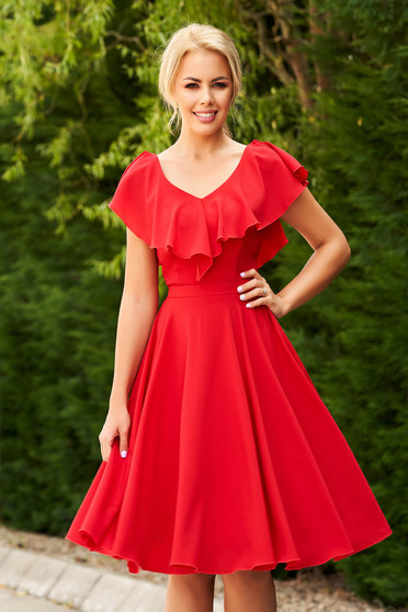 Rochie StarShinerS rosie scurta de ocazie din voal cu decolteu in v si volanase