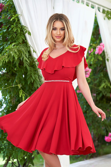 Online Dresses, StarShinerS red dress occasional short cut from veil fabric with v-neckline with ruffles on the chest - StarShinerS.com