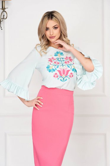 Elegant Blouses, StarShinerS mint women`s blouse elegant with floral print with ruffled sleeves - StarShinerS.com