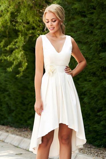 Rochie StarShinerS crem eleganta scurta de ocazie asimetrica cu decolteu in v fara maneci