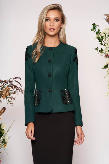 Sacou LaDonna verde petrol scurt de ocazie din material gros cambrat cu maneca lunga cu aplicatii de dantela si perle