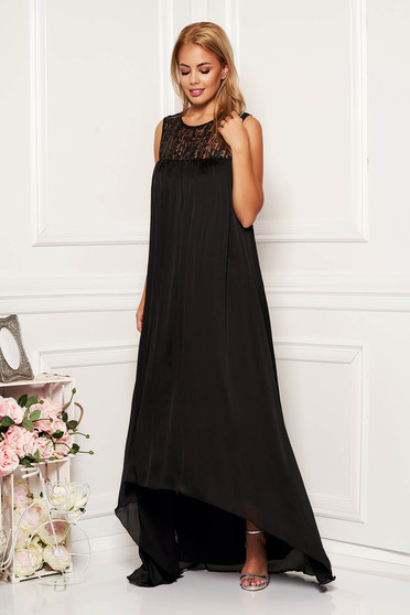 Rochie Artista neagra lunga de ocazie asimetrica din satin cu aplicatii cu paiete fara maneci