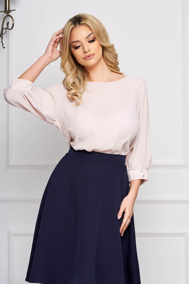 Bluza dama StarShinerS crem scurta eleganta din material vaporos cu croi larg cu decolteu rotunjit si maneci trei-sferturi largi