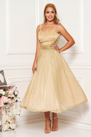 Rochie LaDonna aurie de ocazie midi in clos din voal cu bretele cu push-up