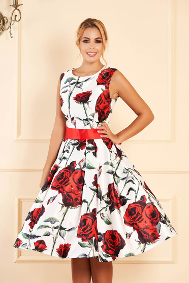Rochie Artista alba midi de ocazie din satin croi in clos fara maneci accesorizata cu cordon si imprimeu floral