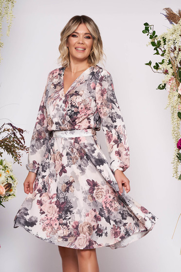 Rochie StarShinerS ivoire midi de ocazie in clos din voal cu decolteu in v petrecut cu imprimeu floral si cordon detasabil