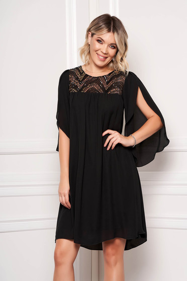 New Year`s Eve Dresses, StarShinerS black dress occasional short cut from veil fabric with cut-out sleeves with sequin embellished details loose fit - StarShinerS.com