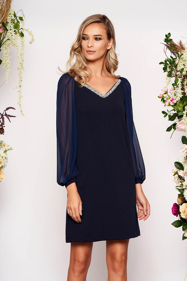 Rochie StarShinerS albastru-inchis scurta de ocazie cu croi drept din scuba elastica cu maneci din voal cu decolteu in v accesorizata cu pietre stras