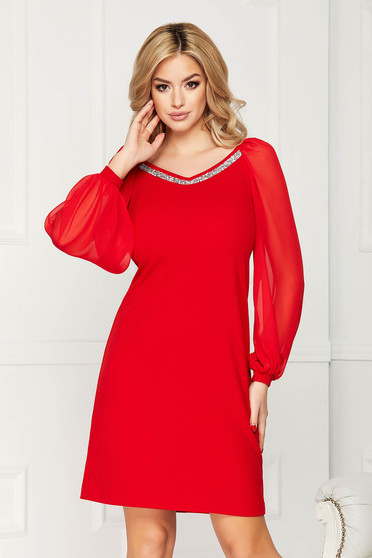 StarShinerS red dress occasional straight with veil sleeves with embellished accessories