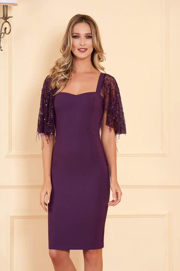 Rochie PrettyGirl mov scurta de ocazie din stofa elastica tip creion cu maneci tip fluture fara captuseala