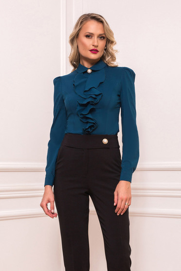 Camasa dama PrettyGirl verde petrol scurta eleganta mulata cu volanase cu maneci lungi si guler barcuta