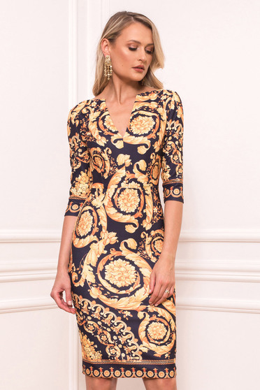 Rochie PrettyGirl aurie midi tip creion eleganta cu decolteu in v cu maneci trei-sferturi si imprimeuri grafice