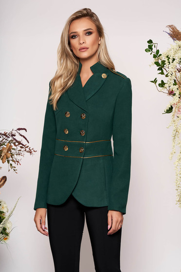 Sacou LaDonna verde-inchis elegant scurt material gros cu maneca lunga inchidere cu nasturi aurii
