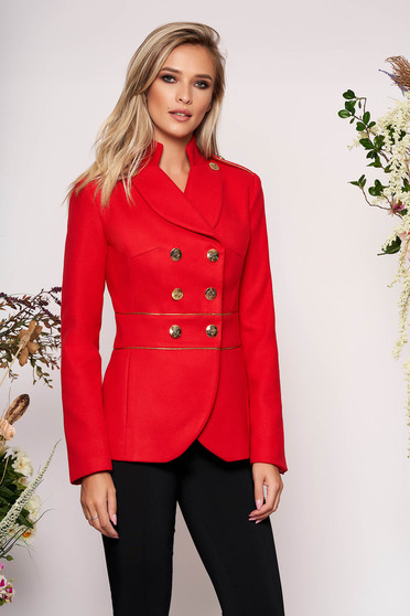 Sacou LaDonna rosu elegant scurt material gros cu maneca lunga inchidere cu nasturi aurii