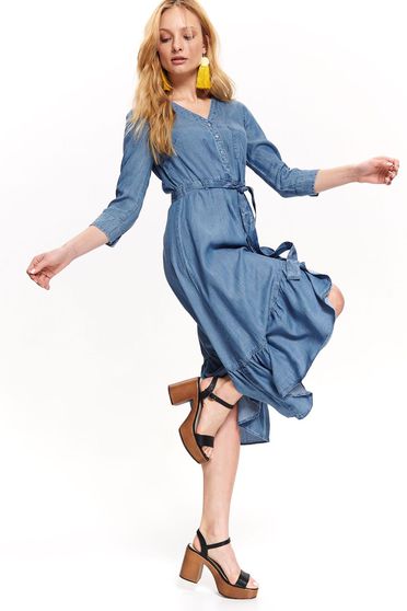 Rochie Top Secret albastra midi casual din denim cu decolteu in v fusta petrecuta si cordon detasabil