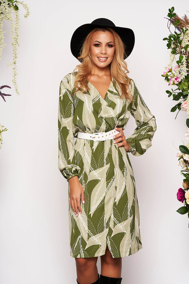Rochie StarShinerS verde midi eleganta cu croi drept decolteu petrecut in v cu elastic in talie cu maneci lungi si accesoriu tip curea