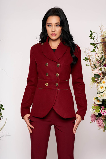 Sacou LaDonna visiniu elegant scurt material gros cu maneca lunga inchidere cu nasturi aurii