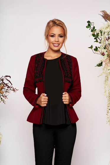 Sacou LaDonna visiniu scurt elegant cambrat din lana cu maneci lungi cu umerii buretati