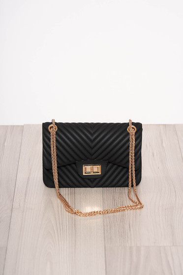 Geanta dama neagra eleganta din material cauciucat cu maner lung tip lantisor reglabil