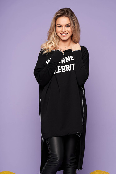 Rochie neagra casual asimetrica din bumbac cu croi larg pe umar cu maneci lungi
