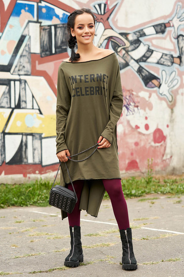 Rochie khaki casual asimetrica din bumbac cu croi larg pe umar cu maneci lungi