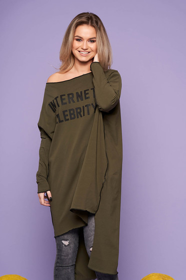 Rochie khaki casual asimetrica din bumbac cu croi larg pe umar cu maneci lungi