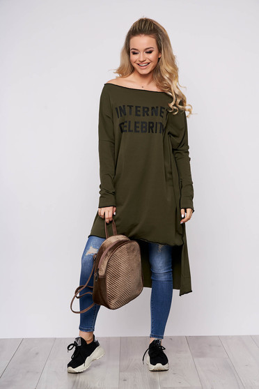 Rochie khaki casual asimetrica din bumbac cu croi larg pe umar cu maneci lungi