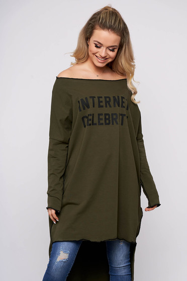 Rochie khaki casual asimetrica din bumbac cu croi larg pe umar cu maneci lungi