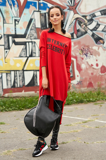 Rochie rosie casual asimetrica din bumbac cu croi larg pe umar cu maneci lungi