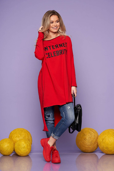 Rochie rosie casual asimetrica din bumbac cu croi larg pe umar cu maneci lungi