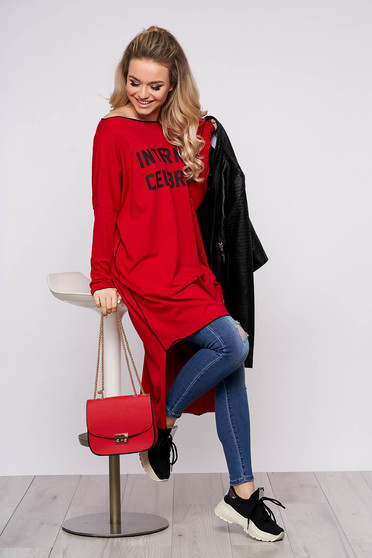 Rochie rosie casual asimetrica din bumbac cu croi larg pe umar cu maneci lungi