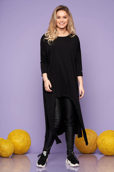 Rochie neagra lunga casual din bumbac cu croi larg cu maneci lungi si decolteu la baza gatului