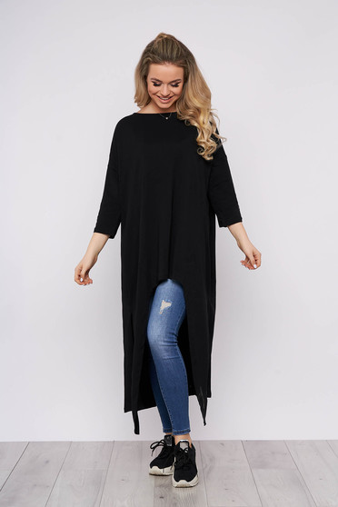 Rochie neagra lunga casual din bumbac cu croi larg cu maneci lungi si decolteu la baza gatului