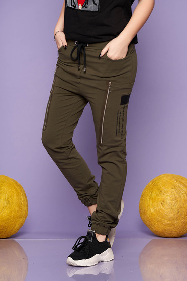 Pantaloni khaki lunga casual din bumbac cu talie inalta cu elastic si buzunare laterale