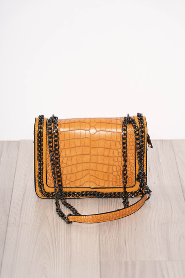 Geanta dama mustarie snake print eleganta din piele ecologica accesorizata cu fermoare