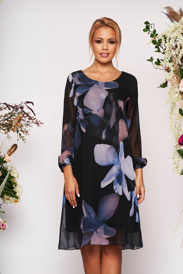 Rochie albastra eleganta scurta din voal cu maneci lungi din voal cu imprimeu floral captusita pe interior