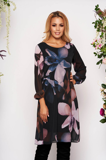 Rochie albastra eleganta scurta din voal cu maneci lungi din voal cu imprimeu floral captusita pe interior
