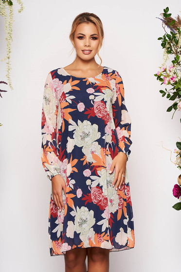 Rochie albastru-inchis scurta eleganta cu croi in a cu maneci trei-sferturi decolteu la baza gatului si imprimeu floral
