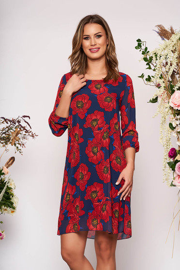 Rochie rosie scurta eleganta cu croi in a cu maneci trei-sferturi decolteu la baza gatului cu imprimeu floral